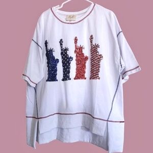 Statue Of Liberty Sequin Front White Short Sleeve Top